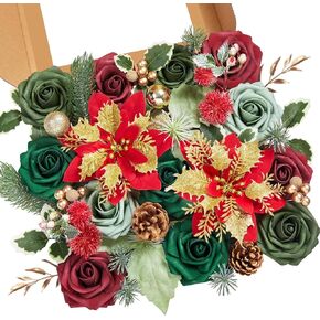 Serwalin Christmas Flowers Artificial, Faux Poinsettias Flowers Greenery Combo Box, Fake Flowers for Cake Decoration DIY Wedding Bouquet, Xmas Tree Wreath Floral Arrangements Party Centerpieces