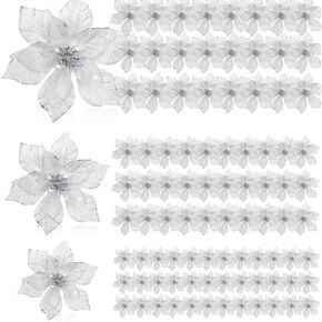 100 Pcs 3 Size Christmas Poinsettia Artificial Flowers Glitter Faux Wedding Flowers Christmas Flower Decoration Ornaments for Christmas Tree Xmas Party DIY Wreath Garland New Year Decor(Pink)