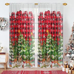 FRAMICS Christmas Sheer Curtains Snowflake Christmas Tree Curtains 84 Inch Length Red Plaid Sheer Window Curtains for Living Room Rod Pocket Light Filtering Christmas Curtains, 52"W x 84"L, 2 Panels