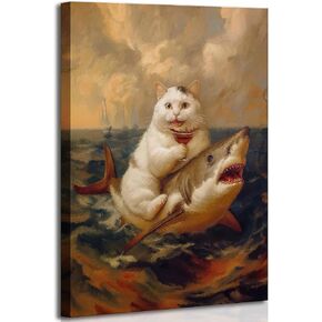 Funny Bathroom Cat Canvas Wall art Renaissance Whimsical Crazy Quirky Humor Fat Cat Riding a Shark Painting Picture Wall Decor Poster Print Artwork for Toilet Restroom Home Decoration Unframed