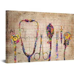 iHAPPYWALL Large Medical Canvas Wall Art Abstract Stethophone Stopwatch Medical Apparatus Tools Modern Scenic Hospital Doctor Office Colorful Wall Decor Ready to Hang 24x36inch