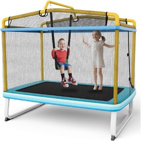 Goplus 6FT Kids Rectangle Trampoline, 75" ASTM Approved Recreational Trampolines with Swing, Horizontal Bar, Mini Toddler Trampoline w/Enclosure Net, Seamless Cover, Outdoor Indoor