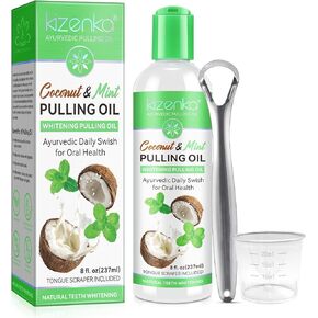 Coconut Pulling Oil, Organic Essential Oils Mouthwash with Tongue Scraper, Fresh Breath & Teeth Whitening, Supports Bone & Gum Health (1 Pc)