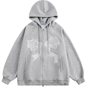 Aelfric Eden Womens Zip Up Hoodies Embroidery Lace Bow Long Sleeve Sweatshirts Y2K Oversized Fall Outfits with Pocket