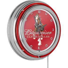 Trademark Global Budweiser Retro Neon Wall Clock, 14" Decorative Plug in or Battery Operated Analog Clock with Pull Chain