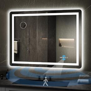 YITAHOME 48 x 32 Inches LED Bathroom Mirror, Front Light and Backlit, Motion Sensor, 10X Magnifying Glass, 3 Colors Dimmable, 5mm Tempered Glass, Anti-Fog, Wall Mounted Mirror-Horizontally Only