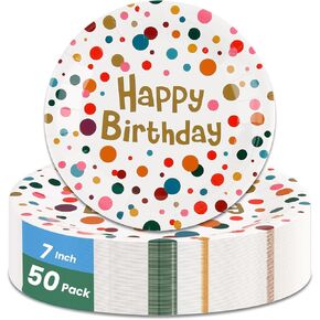 50 Count Disposable Paper Plates, 7 inches Happy Birthday Dessert Plates, Supplies Plates for Girls and Boys Birthday, Cocktail Party, Holiday(7in 50Pcs)
