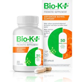 Bio K+ Advanced Bowel Support – Vegan Probiotic Supplement for Digestion Support, Relieves Occasional Discomfort, Helps Normalize Bowel Habits with 50 Billion CFU 3 Strains – 20 Capsules