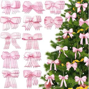Bucherry 36 Pcs Christmas Pink Bow Ornaments 5.91 Inch Wood Xmas Tree Pink Bow Ornaments Coquettish Bow Christmas Wood Hanging Pendants Xmas Coquettish Bow Tree Decorations for Christmas Party Decor