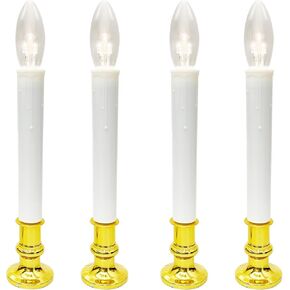 Battery Operated LED Window Candles with Timer (6 on/18 Off), Christmas Window Candles Lights with C26 Clear LED Bulbs for Mantel, Dining Table, Christmas, Home Decor, Gold Base-4 Pack