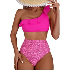 SOLY HUX Women's Ruffle One Shoulder Bikini Set High Waist Tummy Control Swimsuit 2 Piece Bathing Suit