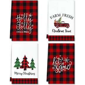 4 Pack Christmas Kitchen Towels, Buffalo Plaid Truck Trees Christmas Dish Towels, 18x26 Inch Farmhouse Christmas Hand Towels for Kitchen Winter Holiday Christmas Decorations