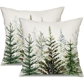 DFXSZ Christmas Pillow Covers 18x18 inch Set of 2 Watercolor Blue Green Christmas Tree Rustic Style Nature Forest Print Decorative Throw Pillows Winter Christmas Decor TH-32B18