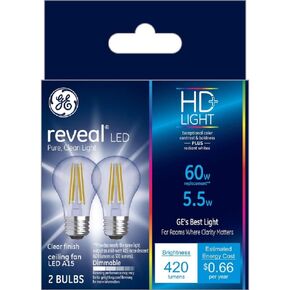 GE Reveal LED Light Bulbs, 60 Watt, A15 Ceiling Fan Bulbs, Clear, Small Base (2 Pack)