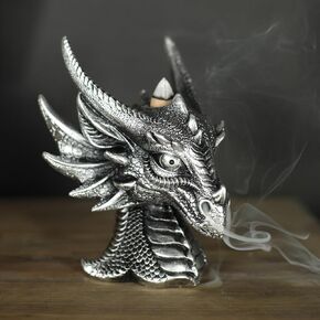 JORAE Breathing Dragon Head Figurine with Backflow Incense Burner Smoking Dragon Statue Gothic Collectible Sculptures Home Decor Table Aromatherapy, Polyresin, Silver