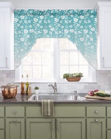 Ombre Teal Swag Valance Kitchen Curtains, Rod Pocket Valance Curtain Panels for Bedroom Living Room Bathroom Cafe Windows, Summer Fall White Leaves Floral Flowers Watercolor 56''x36'' in Saudi Arabia