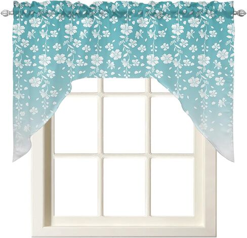 Ombre Teal Swag Valance Kitchen Curtains, Rod Pocket Valance Curtain Panels for Bedroom Living Room Bathroom Cafe Windows, Summer Fall White Leaves Floral Flowers Watercolor 56''x36'' in Saudi Arabia
