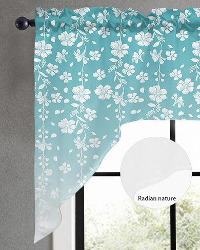 Ombre Teal Swag Valance Kitchen Curtains, Rod Pocket Valance Curtain Panels for Bedroom Living Room Bathroom Cafe Windows, Summer Fall White Leaves Floral Flowers Watercolor 56''x36'' in Saudi Arabia