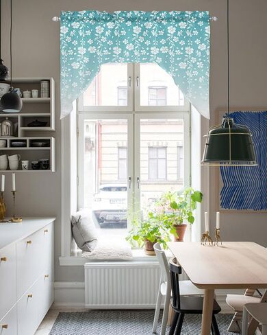 Ombre Teal Swag Valance Kitchen Curtains, Rod Pocket Valance Curtain Panels for Bedroom Living Room Bathroom Cafe Windows, Summer Fall White Leaves Floral Flowers Watercolor 56''x36'' in Saudi Arabia