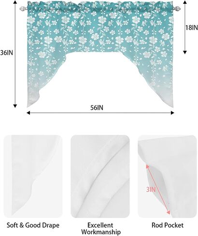 Ombre Teal Swag Valance Kitchen Curtains, Rod Pocket Valance Curtain Panels for Bedroom Living Room Bathroom Cafe Windows, Summer Fall White Leaves Floral Flowers Watercolor 56''x36'' in Saudi Arabia