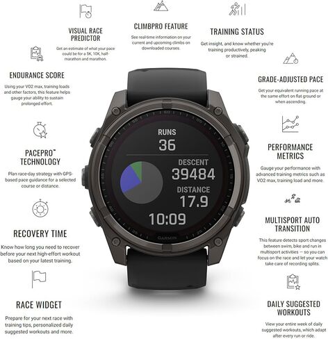 Garmin Fenix 8 47MM Solar Sapphire Multisport GPS Smartwatch Carbon Gray DLC Titanium with Black Gray Silicone Band, Built-in LED Flashlight, Fitness & Health Smart Watch Bundle for Men & Women in Saudi Arabia