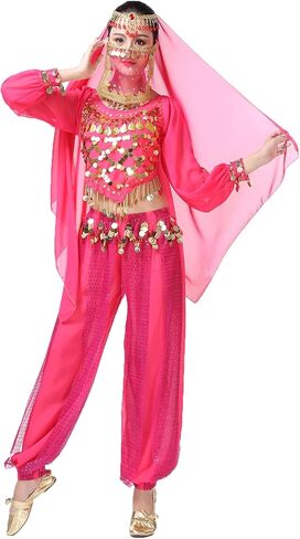 Women's Halloween Costume Set Belly Dance Crop Top Pleated Harem Pants for Dress Up Party 5 Piece Outfit (One Size, B Rose) … in Kuwait