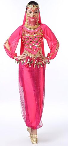 Women's Halloween Costume Set Belly Dance Crop Top Pleated Harem Pants for Dress Up Party 5 Piece Outfit (One Size, B Rose) … in Kuwait