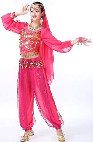 Women's Halloween Costume Set Belly Dance Crop Top Pleated Harem Pants for Dress Up Party 5 Piece Outfit (One Size, B Rose) … in Kuwait