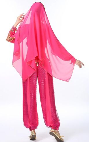 Women's Halloween Costume Set Belly Dance Crop Top Pleated Harem Pants for Dress Up Party 5 Piece Outfit (One Size, B Rose) … in Kuwait