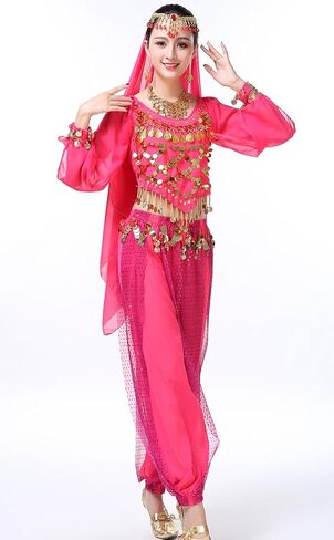 Women's Halloween Costume Set Belly Dance Crop Top Pleated Harem Pants for Dress Up Party 5 Piece Outfit (One Size, B Rose) … in Kuwait