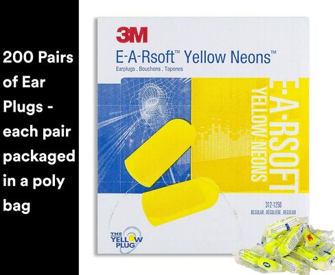 سدادات أذن 3M، 200 زوج/صندوق، E-A-Rsoft Yellow Neons 312-1250، غير سلكية، للاستعمال مرة واحدة، رغوة، NRR 33، حفر، طحن، تصنيع آلي، نشر، سنفرة، لحام، زوج واحد/كيس بولي in Saudi Arabia