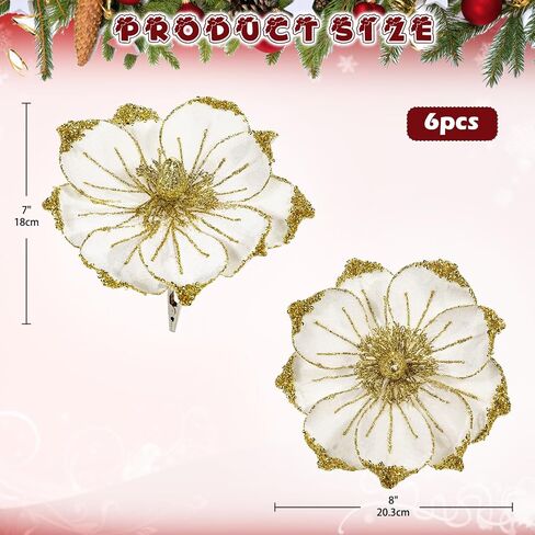 Briful 8in Magnolias Christmas Flowers Glittering Magnolia Flowers Artificial 6Pcs Coffee Magnolia Stems for Christmas Tree Decorations, Wreaths, Garland Real Touch Magnolia Xmas Picks in Kuwait