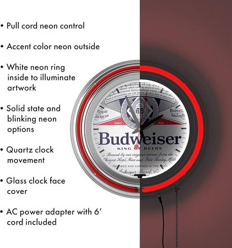 Trademark Global Budweiser Retro Neon Wall Clock, 14" Decorative Plug in or Battery Operated Analog Clock with Pull Chain in Saudi Arabia