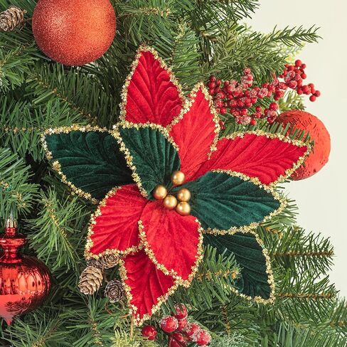 KI Store 6pcs Christmas Tree Poinsettia Flowers 12-Inch Red Green and Gold Velvet Christmas Tree Decorations Floral Display in Saudi Arabia