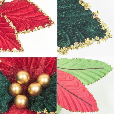 KI Store 6pcs Christmas Tree Poinsettia Flowers 12-Inch Red Green and Gold Velvet Christmas Tree Decorations Floral Display in Saudi Arabia