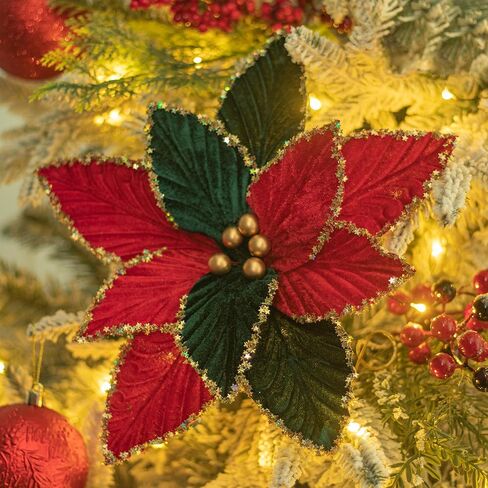 KI Store 6pcs Christmas Tree Poinsettia Flowers 12-Inch Red Green and Gold Velvet Christmas Tree Decorations Floral Display in Saudi Arabia