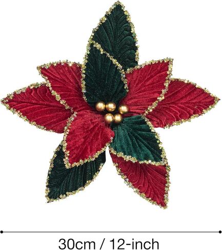 KI Store 6pcs Christmas Tree Poinsettia Flowers 12-Inch Red Green and Gold Velvet Christmas Tree Decorations Floral Display in Saudi Arabia