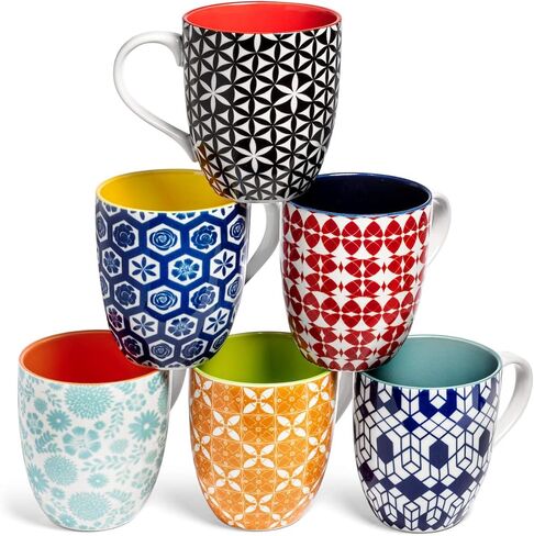 Annovero Coffee Mugs | Colorful Porcelain Cups for Latte, Cappuccino, Tea, Cocoa, Mocha | Large 16 Oz Capacity | Comfortable Handle Keeps Fingers Away From Hot Glass | Set of 6 in Saudi Arabia