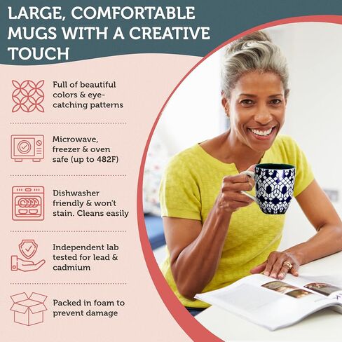 Annovero Coffee Mugs | Colorful Porcelain Cups for Latte, Cappuccino, Tea, Cocoa, Mocha | Large 16 Oz Capacity | Comfortable Handle Keeps Fingers Away From Hot Glass | Set of 6 in Saudi Arabia