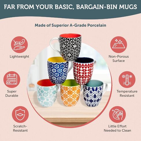 Annovero Coffee Mugs | Colorful Porcelain Cups for Latte, Cappuccino, Tea, Cocoa, Mocha | Large 16 Oz Capacity | Comfortable Handle Keeps Fingers Away From Hot Glass | Set of 6 in Saudi Arabia