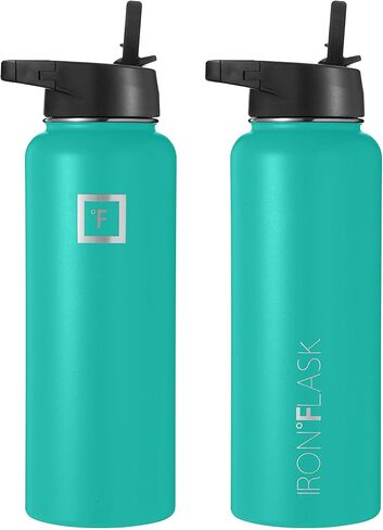 IRON °FLASK Sports Water Bottle - Wide Mouth with 3 Spout Lids - Stainless Steel Gym & Outdoor Bottles for Men, Women & Kids - Double Walled, Insulated Thermos, Metal Canteen - Aquamarine, 40 Oz in Saudi Arabia