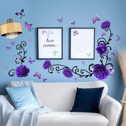 RW-1397 3D الأرجواني الزهور الجدار الشارات الفاوانيا روز زهرة الكرمة السوداء ملصقات الحائط DIY القابلة للإزالة الملونة فراشة الورود الزهور النباتات جدار ديكور للأطفال الفتيات غرفة نوم غرفة المعيشة الحضانة الديكور in Kuwait