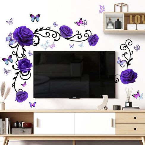 RW-1397 3D الأرجواني الزهور الجدار الشارات الفاوانيا روز زهرة الكرمة السوداء ملصقات الحائط DIY القابلة للإزالة الملونة فراشة الورود الزهور النباتات جدار ديكور للأطفال الفتيات غرفة نوم غرفة المعيشة الحضانة الديكور in Kuwait