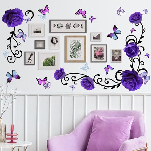 RW-1397 3D الأرجواني الزهور الجدار الشارات الفاوانيا روز زهرة الكرمة السوداء ملصقات الحائط DIY القابلة للإزالة الملونة فراشة الورود الزهور النباتات جدار ديكور للأطفال الفتيات غرفة نوم غرفة المعيشة الحضانة الديكور in Kuwait