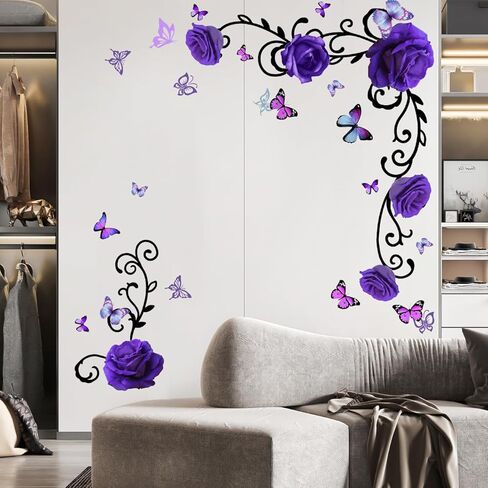 RW-1397 3D الأرجواني الزهور الجدار الشارات الفاوانيا روز زهرة الكرمة السوداء ملصقات الحائط DIY القابلة للإزالة الملونة فراشة الورود الزهور النباتات جدار ديكور للأطفال الفتيات غرفة نوم غرفة المعيشة الحضانة الديكور in Kuwait