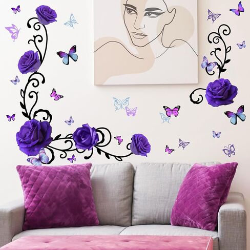 RW-1397 3D الأرجواني الزهور الجدار الشارات الفاوانيا روز زهرة الكرمة السوداء ملصقات الحائط DIY القابلة للإزالة الملونة فراشة الورود الزهور النباتات جدار ديكور للأطفال الفتيات غرفة نوم غرفة المعيشة الحضانة الديكور in Kuwait