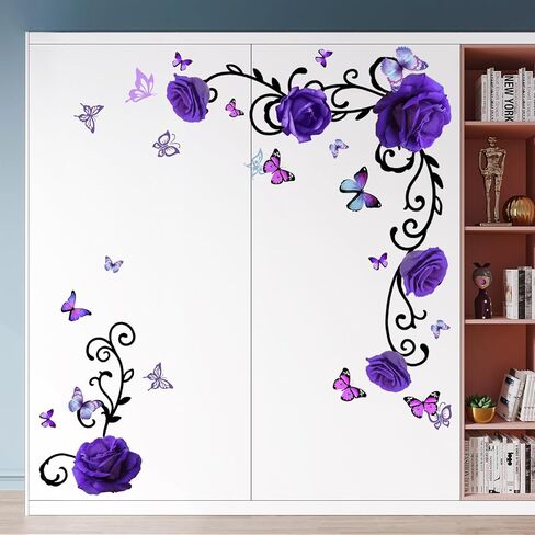 RW-1397 3D الأرجواني الزهور الجدار الشارات الفاوانيا روز زهرة الكرمة السوداء ملصقات الحائط DIY القابلة للإزالة الملونة فراشة الورود الزهور النباتات جدار ديكور للأطفال الفتيات غرفة نوم غرفة المعيشة الحضانة الديكور in Kuwait