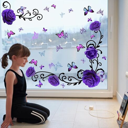 RW-1397 3D الأرجواني الزهور الجدار الشارات الفاوانيا روز زهرة الكرمة السوداء ملصقات الحائط DIY القابلة للإزالة الملونة فراشة الورود الزهور النباتات جدار ديكور للأطفال الفتيات غرفة نوم غرفة المعيشة الحضانة الديكور in Kuwait