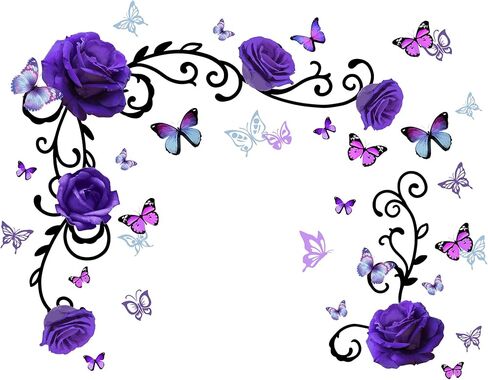 RW-1397 3D الأرجواني الزهور الجدار الشارات الفاوانيا روز زهرة الكرمة السوداء ملصقات الحائط DIY القابلة للإزالة الملونة فراشة الورود الزهور النباتات جدار ديكور للأطفال الفتيات غرفة نوم غرفة المعيشة الحضانة الديكور in Kuwait