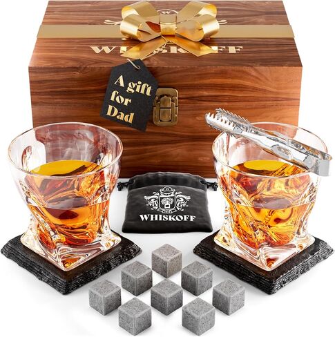 Whiskey Glass Set of 2 - Bourbon Glass & Stones Gift Includes Old Fashioned Crystal Whisky Glasses, Chilling Stones, Slate Coasters - Whiskey Glasses Set in Wooden Box - Birthday Gifts Men Women in Saudi Arabia